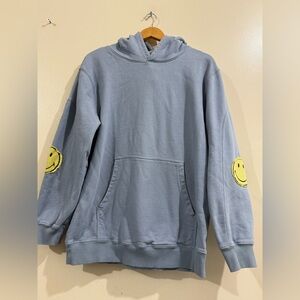 Smiley Men's Light Blue Crewneck Hoodie with Yellow Smiley Elbow Patches